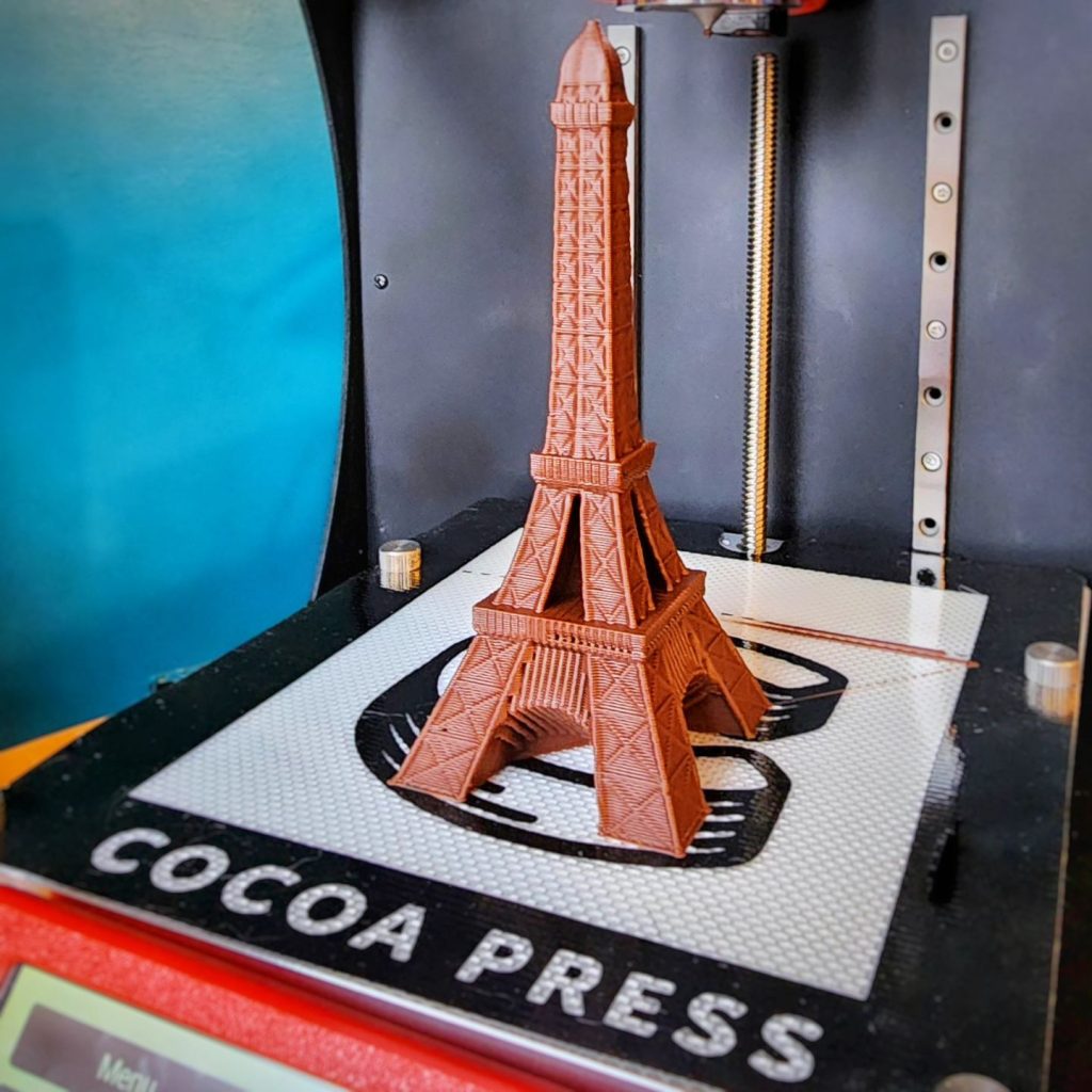 Chocolate 3D printed Eiffel Tower. Photo via Cocoa Press.