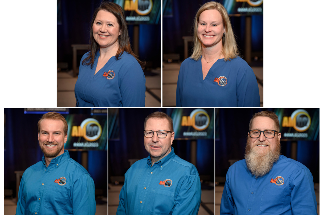 The newly elected/appointed AMUG Board members (from left): Heather Natal, Robin Van Bragt, (second row), Jordan Weston, Thomas Sorovetz, and Tim Bell. Image via AMUG.